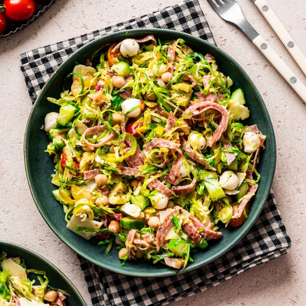 Overhead view of Italian chopped salad in a bowl.