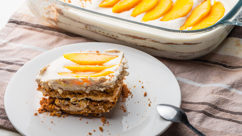 Une tranche de gâteau glacé à mangue surgelée sur une assiette.
