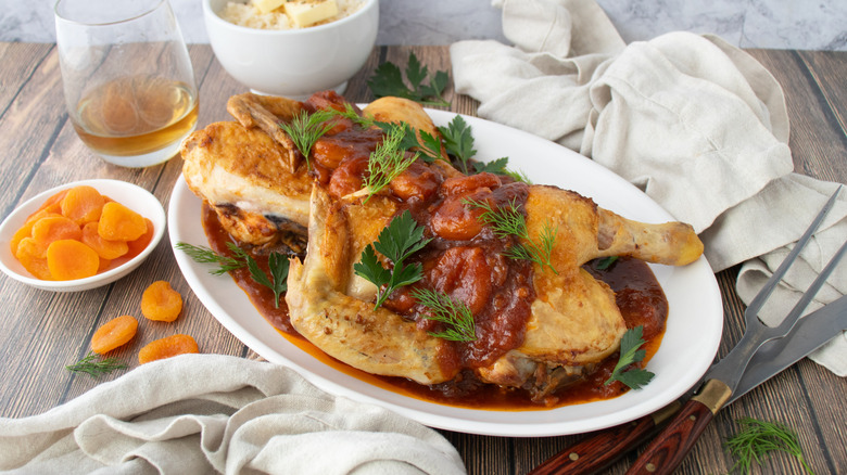 poulet dans une sauce brun rougeâtre aux herbes vertes sur une assiette blanche