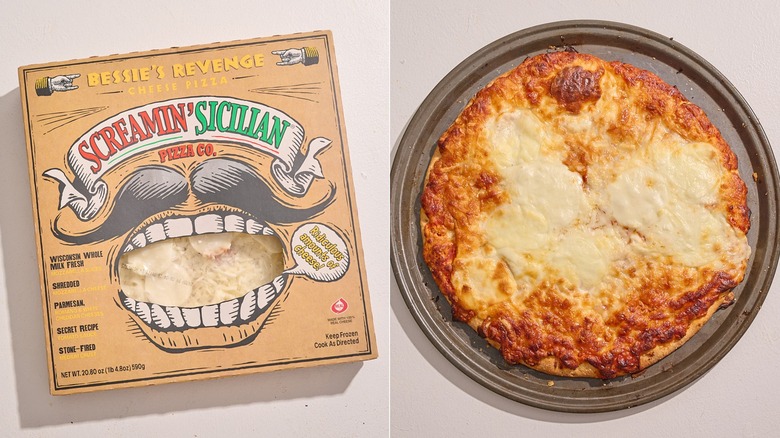 Une pizza au fromage sicilien Screamin' dans une boîte à côté de la pizza cuite