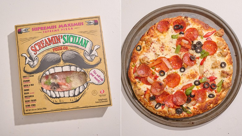 Une pizza suprême sicilienne Screamin' dans une boîte à côté de la pizza cuite