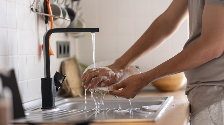 homme lavant une assiette dans l’évier