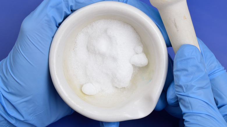 Mains gantées de bleu tenant de la crème de tartre dans un mortier et un pilon blancs.