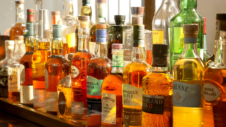 Des dizaines de bouteilles de spiritueux, dont du whisky, sur étagère.