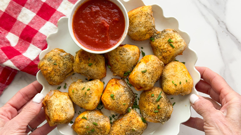 main tenant une assiette de bouchées