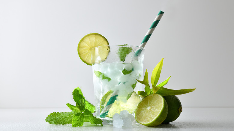 Une photo créative d'un verre de mojito, avec ses ingrédients mis en valeur à côté