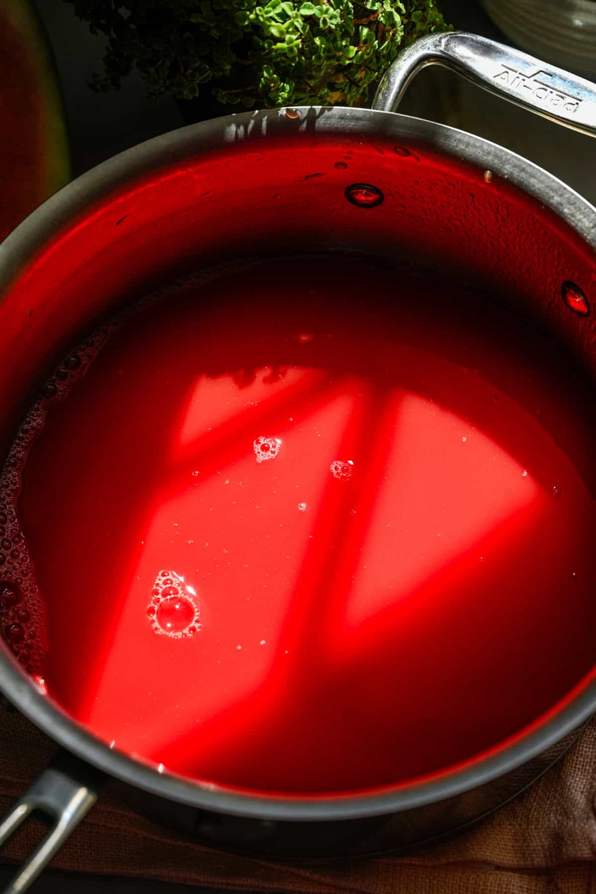 Vue aérienne du jus de pastèque dans une casserole.