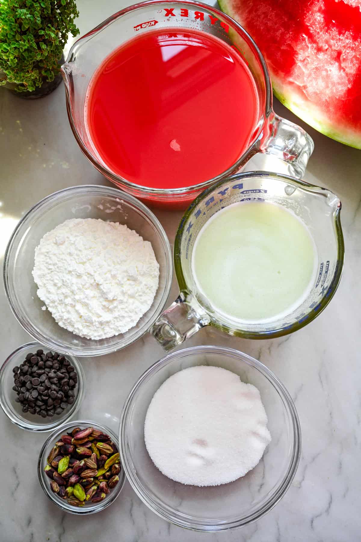 Vue aérienne des ingrédients du pudding à la pastèque.