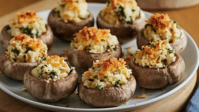 Une assiette de chapeaux de champignons farcis.
