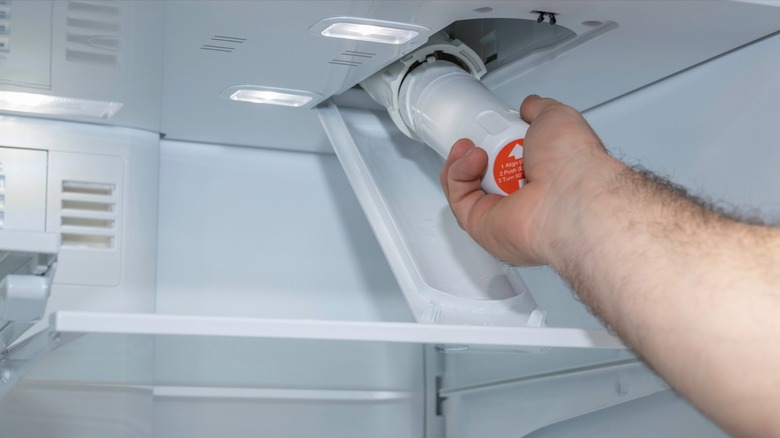 Personne changeant le filtre à eau d'un réfrigérateur