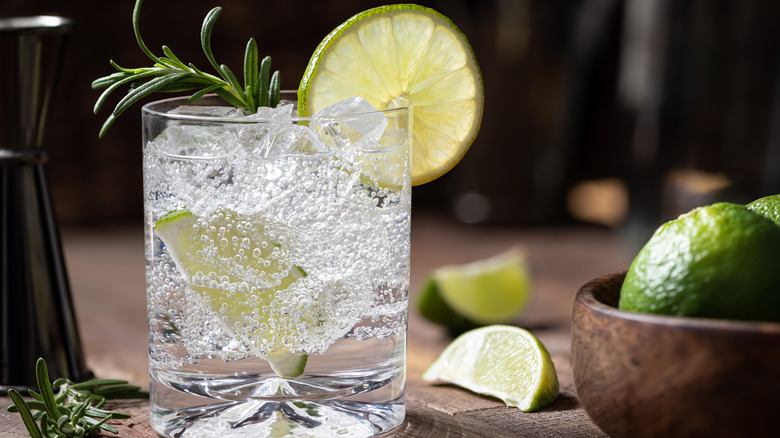 Un cocktail classique de gin tonic avec une tranche de citron et un brin d'herbes fraîches dans un verre highball