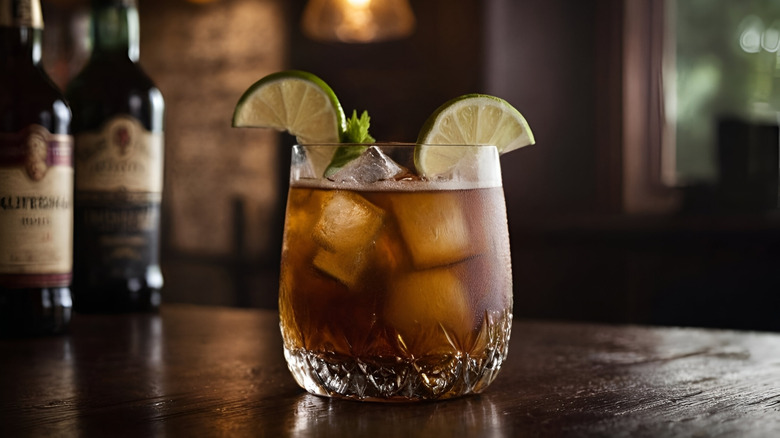 Un cocktail sombre et orageux sur un bar en bois garni de tranches de citron vert