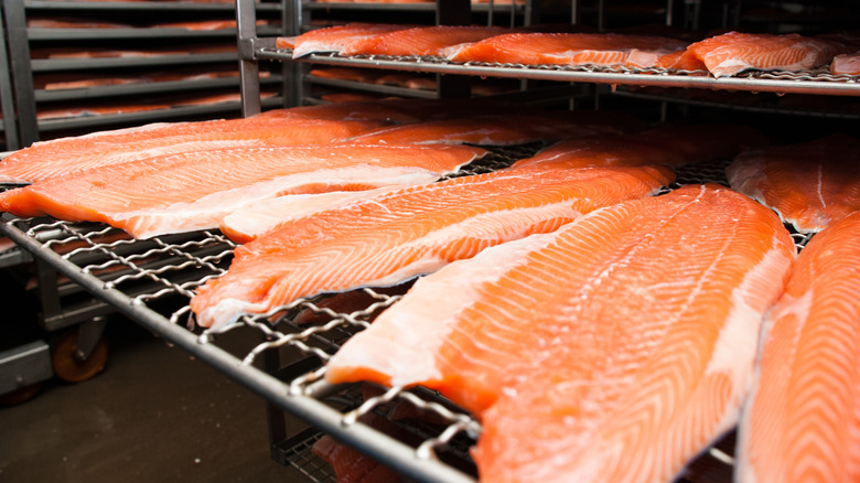 filets de saumon en préparation pour le processus de fumage