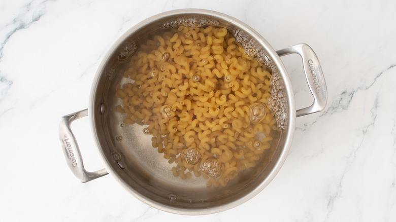 Grande casserole remplie d'eau bouillante et de pâtes séchées