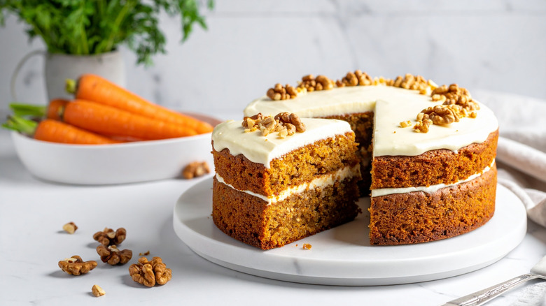 Gâteau aux carottes avec des noix sur le dessus et un bol de carottes en arrière-plan