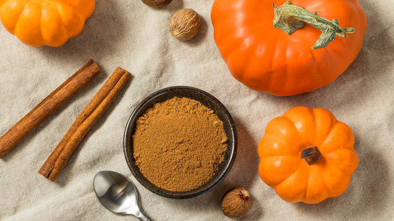 Un bol d'épices entouré de citrouilles, de muscade et de bâtons de cannelle