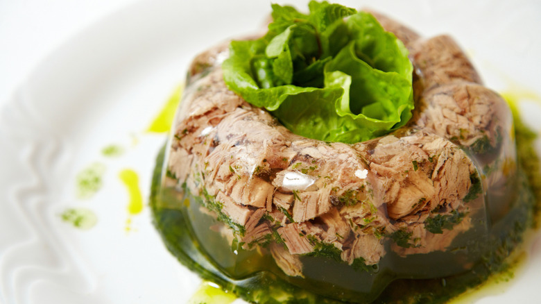Une salade Jell-O savoureuse avec du bœuf et du porc sur une assiette blanche