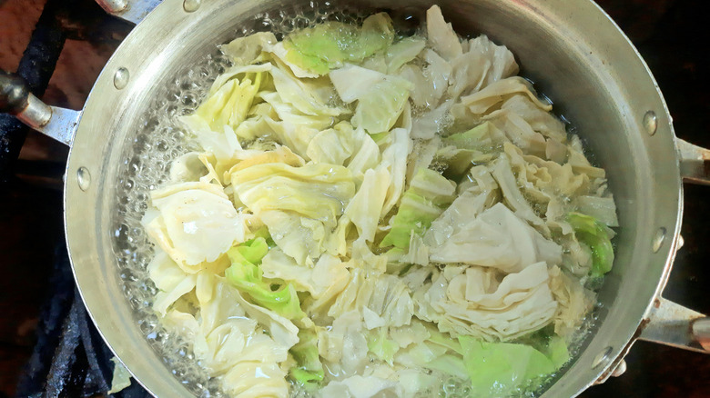 Chou haché dans une casserole avec de l'eau bouillante