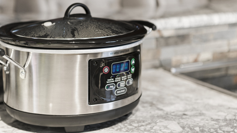 Cuisson des aliments dans une mijoteuse en acier inoxydable sur un comptoir en marbre