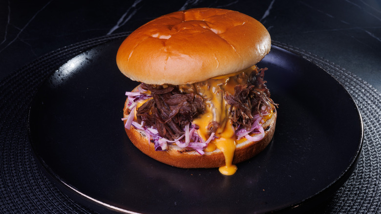 Un sandwich au porc effiloché avec sauce barbecue Carolina Gold