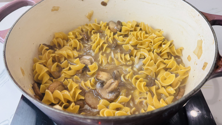 Nouilles aux œufs et champignons dans un mélange de bouillon au four hollandais