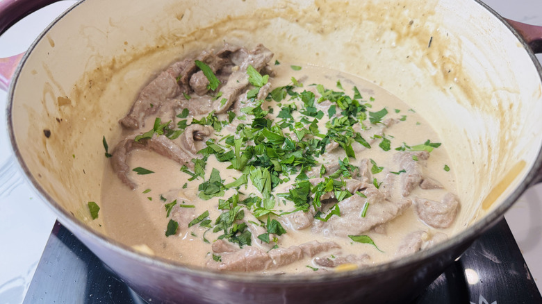 Sauce Stroganoff de bœuf, lanières de steak et persil au four hollandais