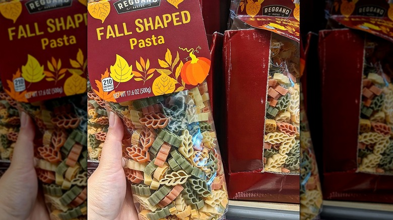 Main tenant un sac de pâtes en forme d'automne Reggano d'Aldi
