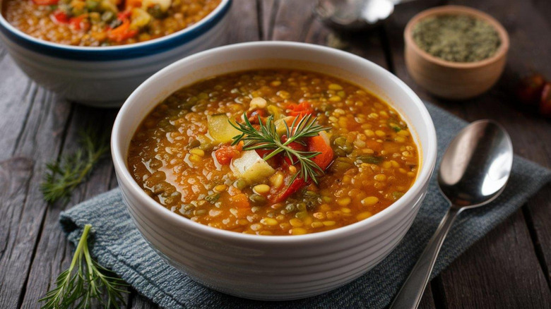 Soupe de lentilles dans un bol blanc.