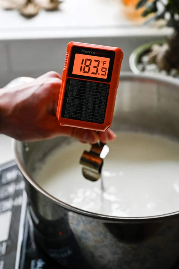 Main tenant un thermomètre ThermoPro indiquant 183°F sur une casserole de lait chauffant