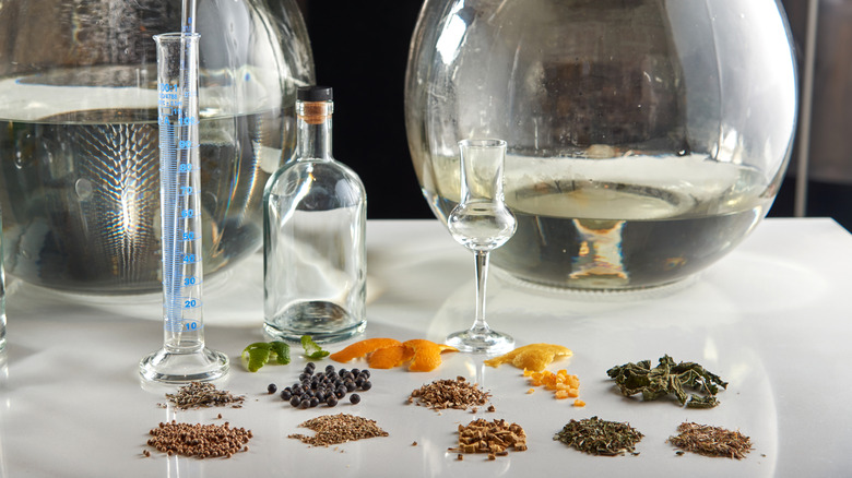 Les ingrédients botaniques utilisés pour fabriquer du gin posé sur une table dans une distillerie